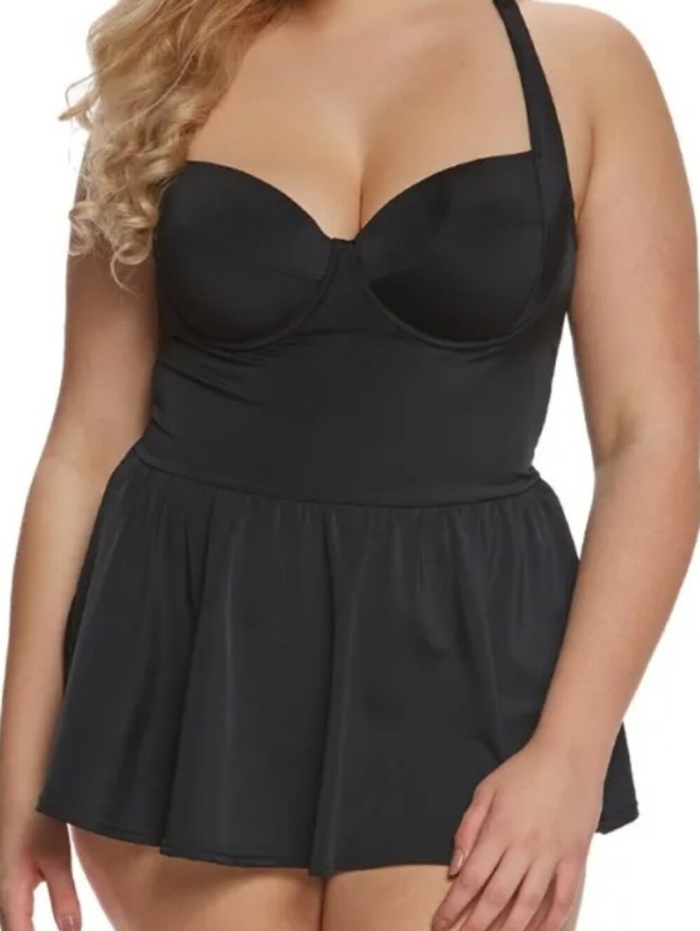 Plus-Size Black One-Piece Swimdress with Supportive Cups